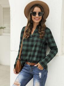 SHEIN LUNE 西裝領格紋前短後長襯衫 - 墨綠色 - 查看 5