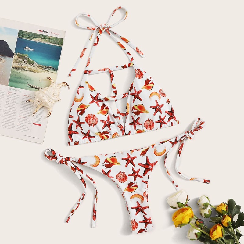 

Shell & Starfish Pattern Halter Bikini Set, Multicolor