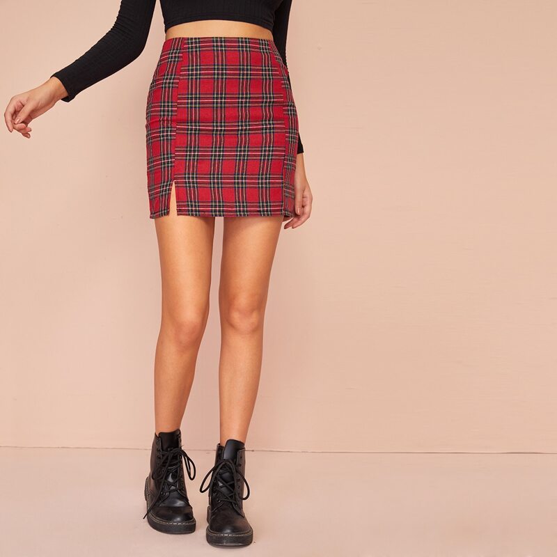 

Tartan Plaid Split Straight Skirt, Multicolor