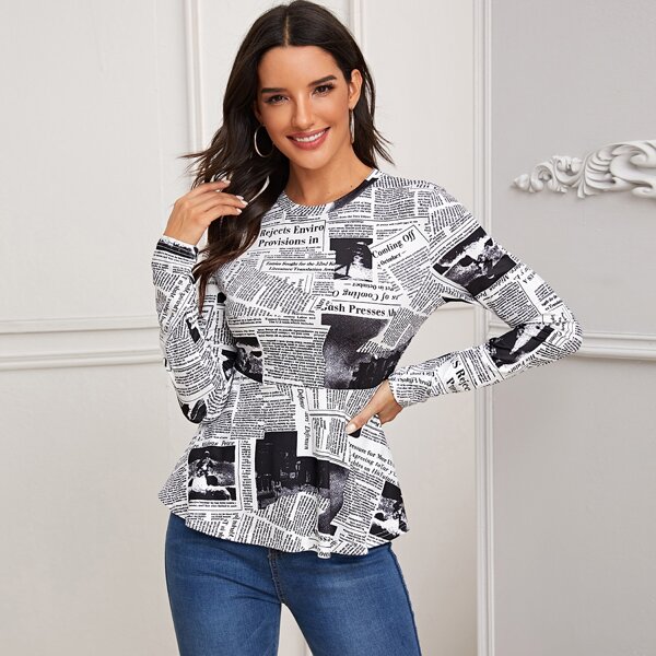

Newspaper Print Peplum Top, Black and white