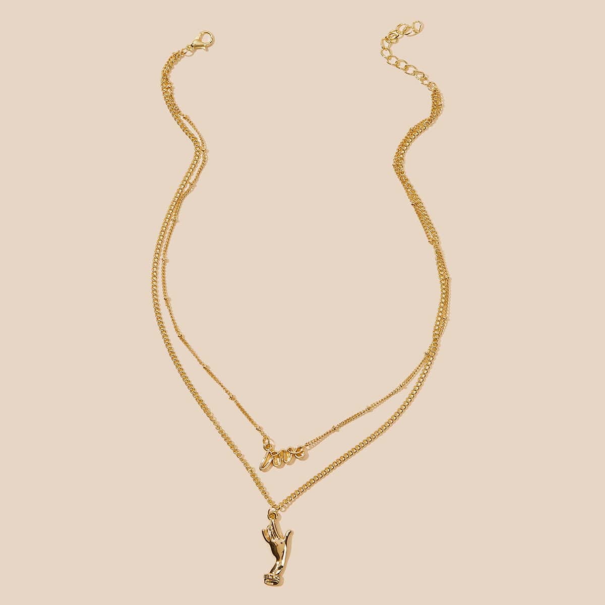 

1pc Letter & Hand Charm Layered Necklace, Gold