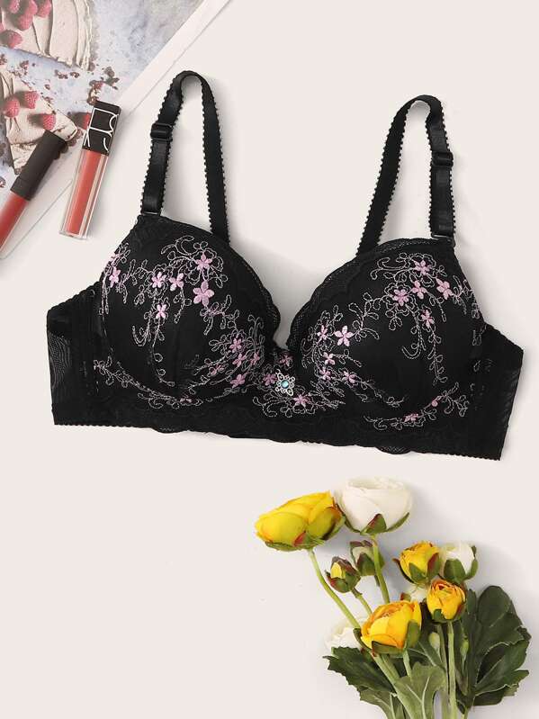 

Floral Embroidery Mesh Bra, Black