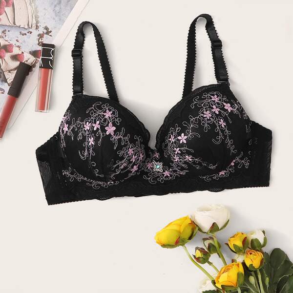 

Floral Embroidery Mesh Bra, Black