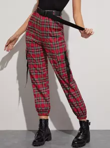 SHEIN Unity Tartan Print Buckle Belted Cargo Trousers - Red - View 1