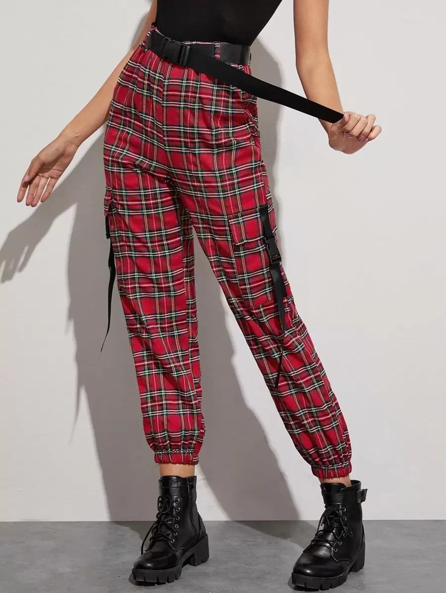 SHEIN Unity Tartan Print Buckle Belted Cargo Trousers - Red - View 1