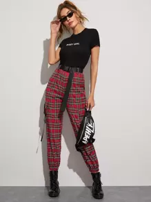 SHEIN Unity Tartan Print Buckle Belted Cargo Trousers - Red - View 3