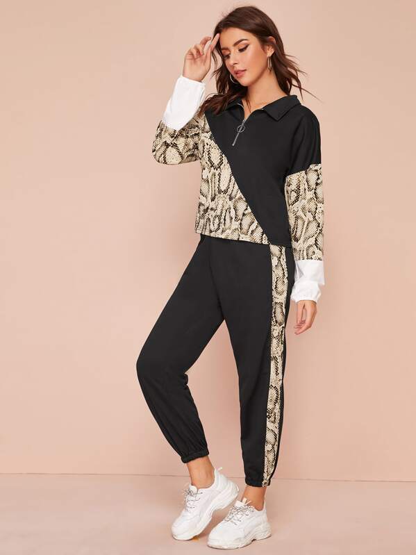 

Snakeskin Print Colorblock Zip Half Sweatshirt & Sweatpants Set, Multicolor, MARTINA