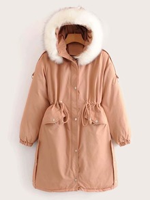 Drawstring Waist Faux Fur Hooded Parka Coat