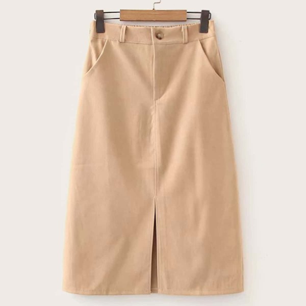 

Slit Front Solid Straight Skirt, Khaki