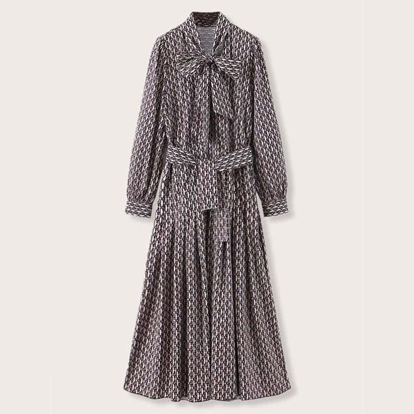 

Tie Neck Chain Print Belted Dress, Multicolor