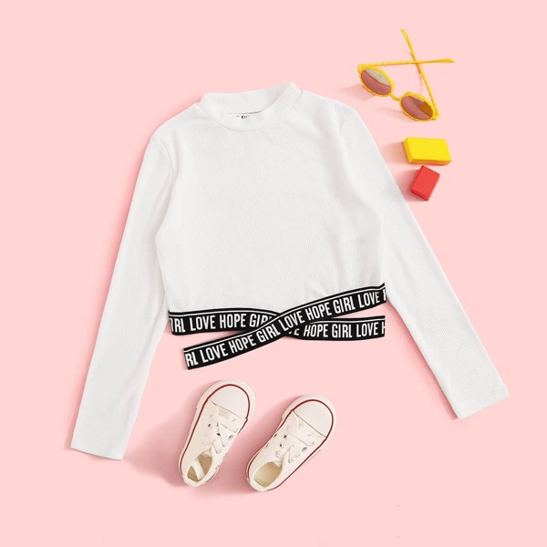 

Girls Letter Tape Criss Cross Hem Top, White
