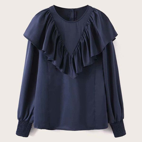 

Ruffle Trim Button Back Blouse, Navy