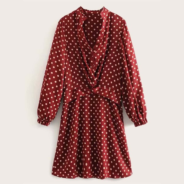 

Notched Neck Polka Dot Dress, Burgundy