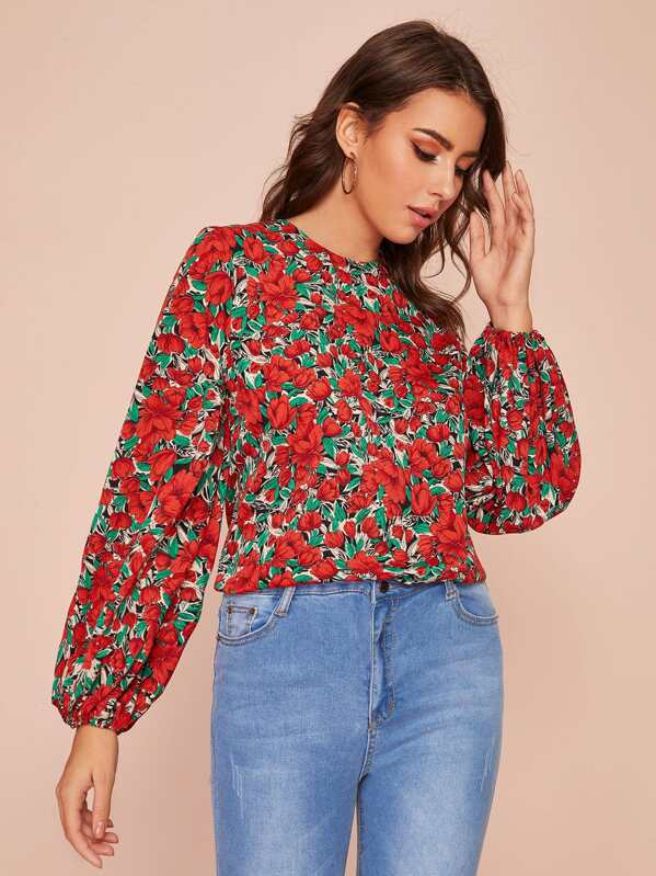 

Floral Graphic Keyhole Back Blouse, Multicolor