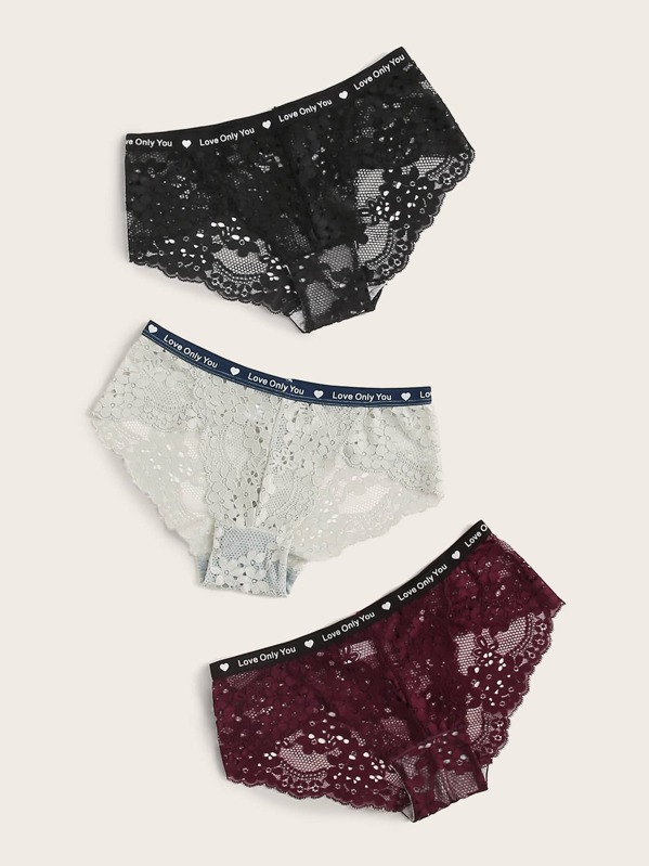 

3pack Letter Tape Lace Panty Set, Multicolor