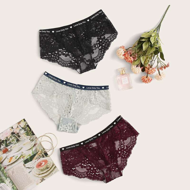 

3pack Letter Tape Lace Panty Set, Multicolor