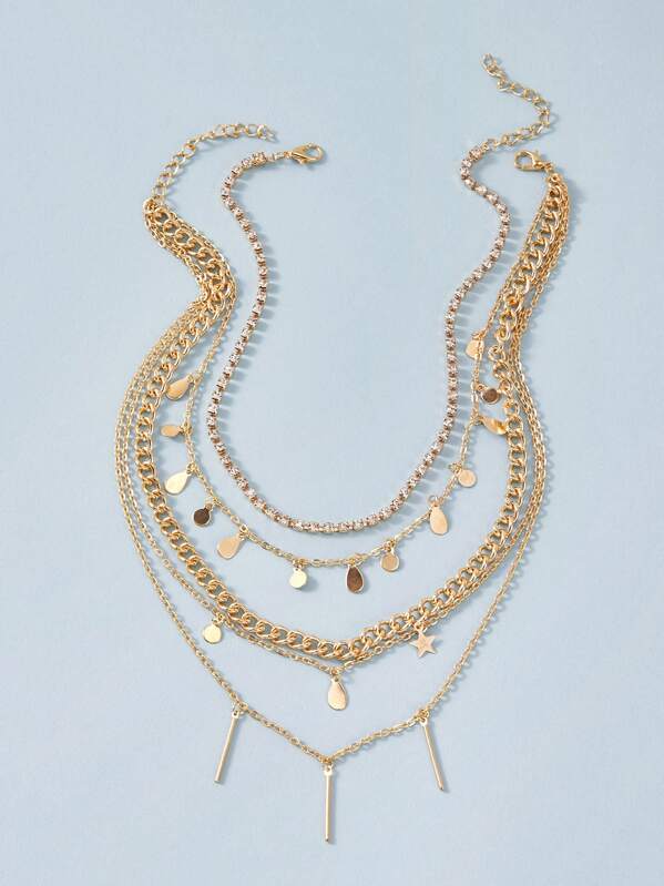 

2pcs Rhinestone Engraved Disc & Star Charm Layered Necklace, Gold