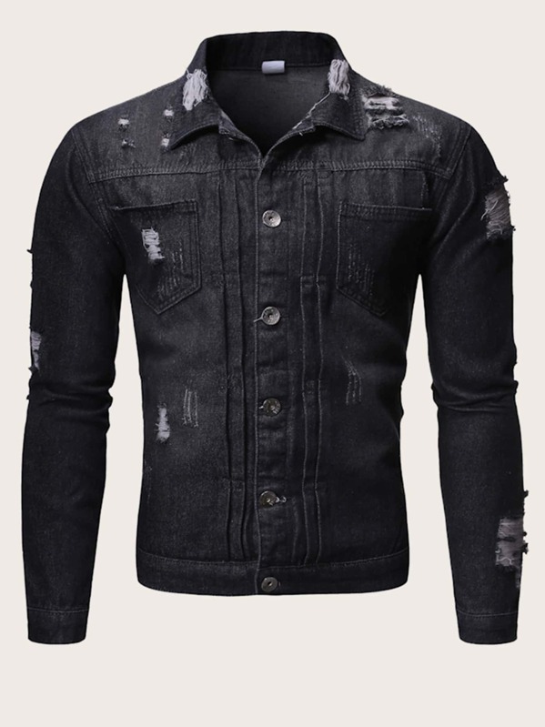 

Men Ripped Denim Trucker Jacket, Black