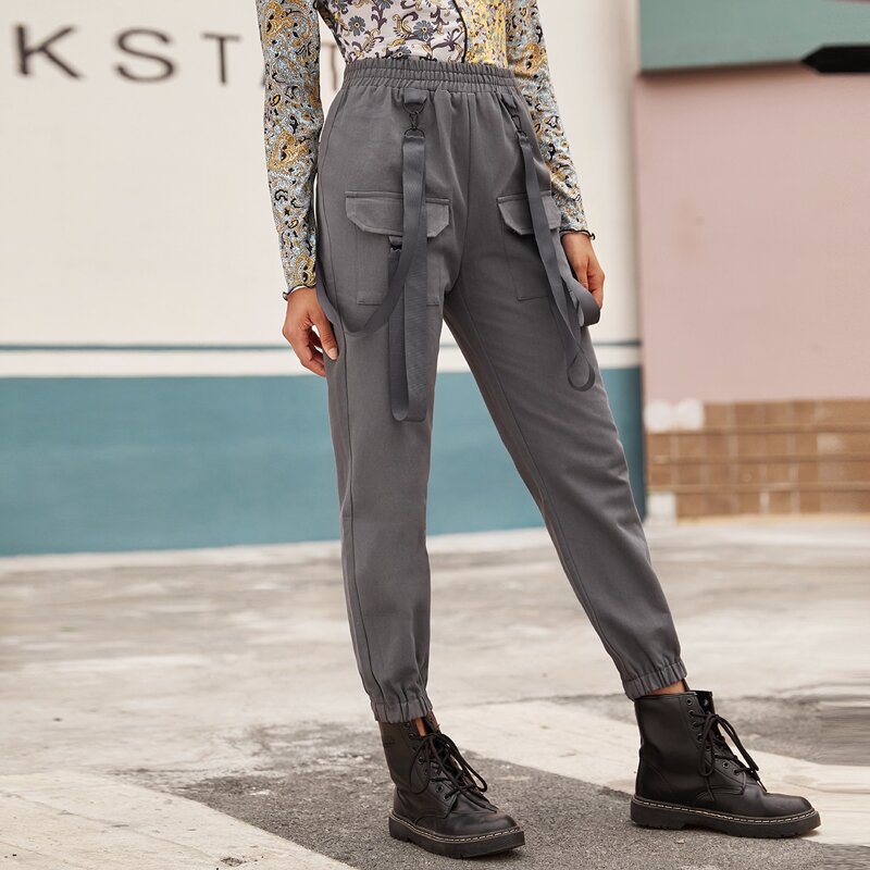 

Elastic Waist Buckle Tape Cargo Pants, Grey