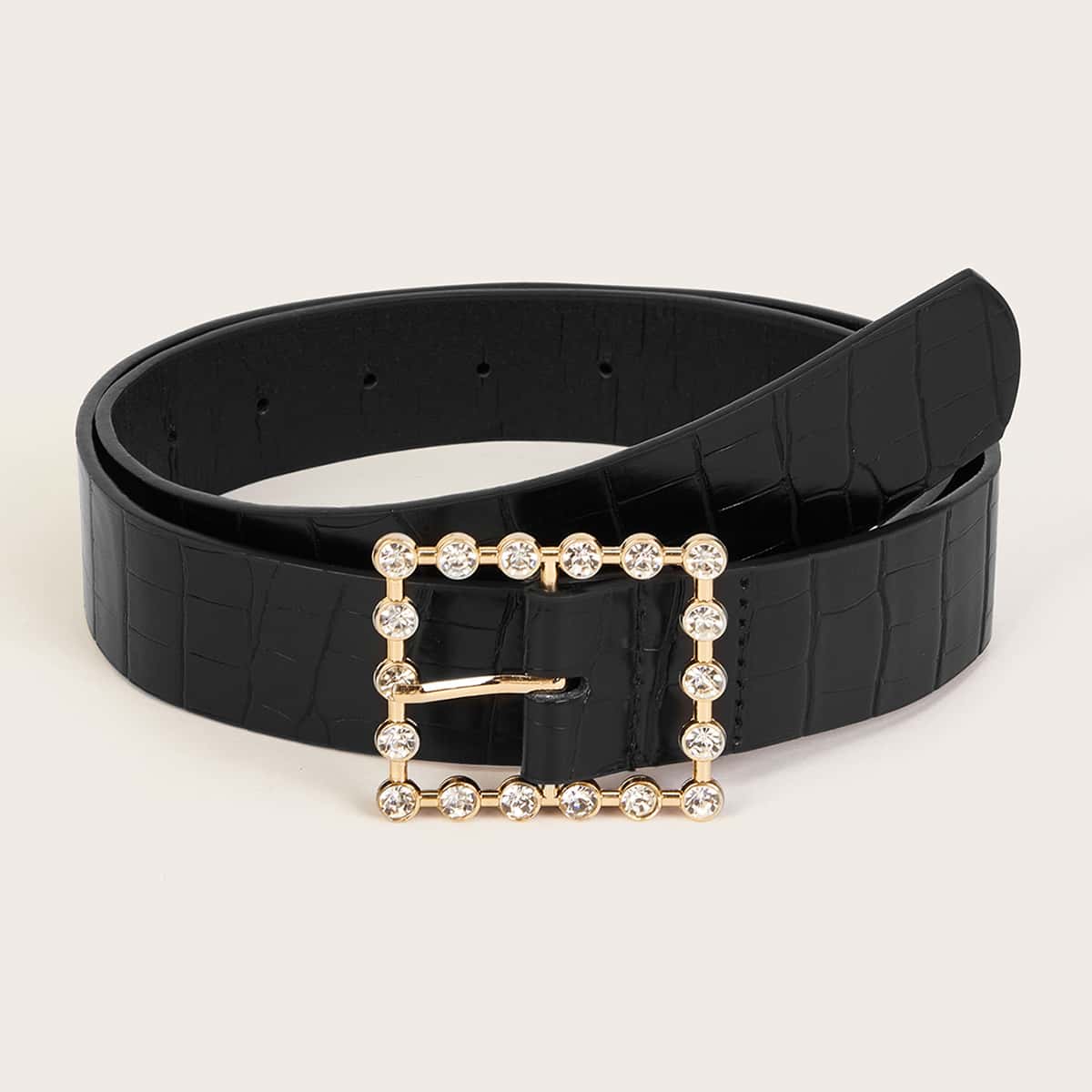 

Croc Pattern Rhinestone Engraved Square Buckle Belt, Black