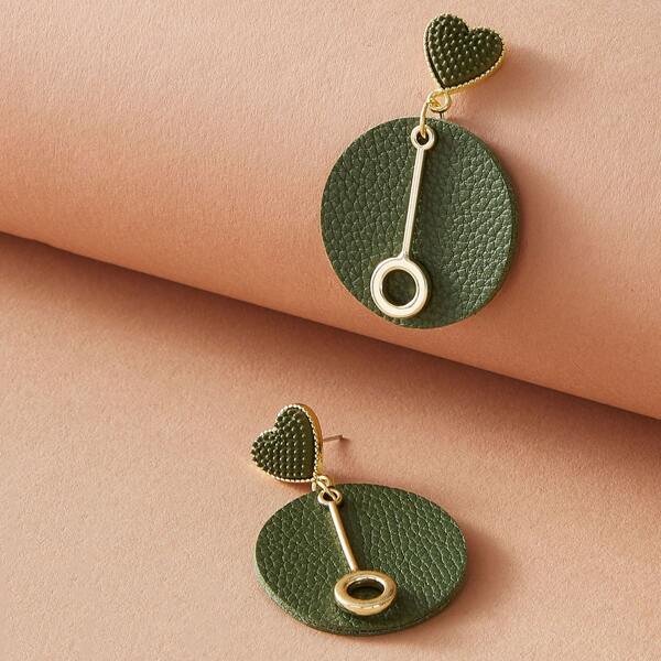 

1pair Ring Decor PU Heart & Round Drop Earrings, Green