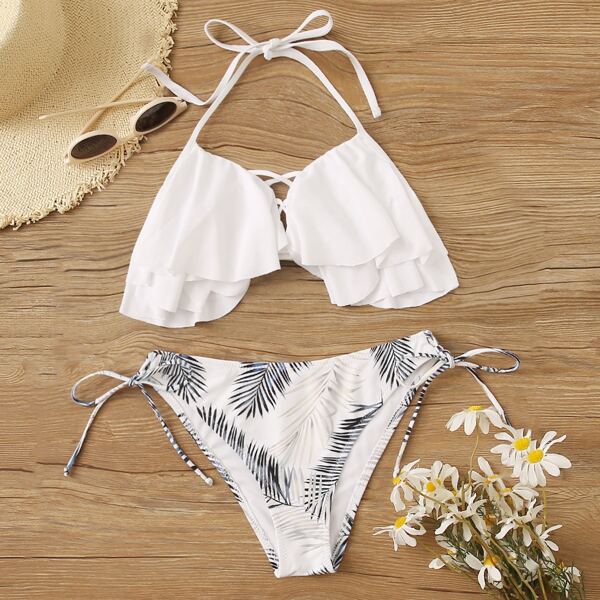 

Tiered Layer Top With Palm Print Tie Side Bikini, White