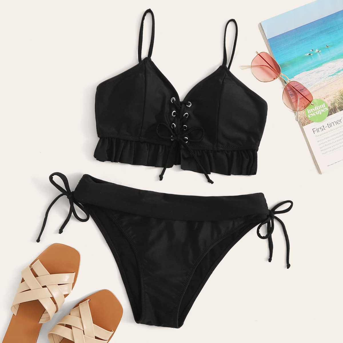 

Ruffle Trim Lace-up Front Top With Tie Side Bikini, Black