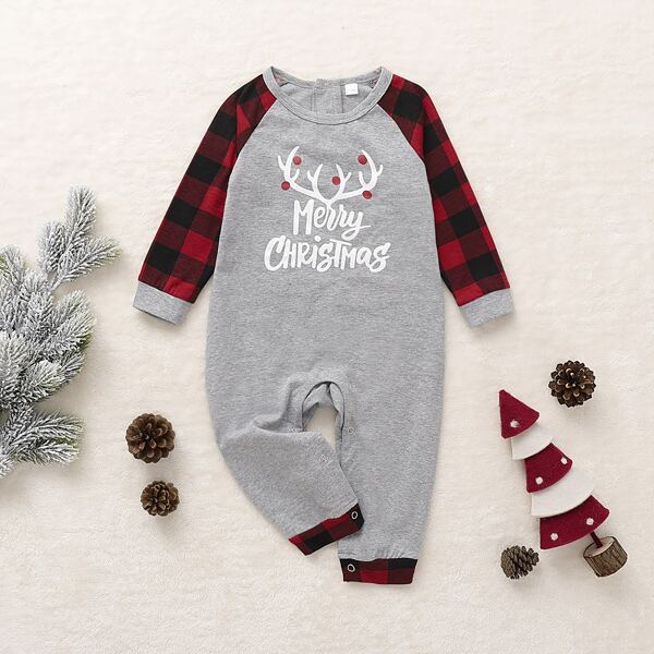 

Toddler Girls Christmas Print Contrast Gingham Sleeve Jumpsuit, Grey
