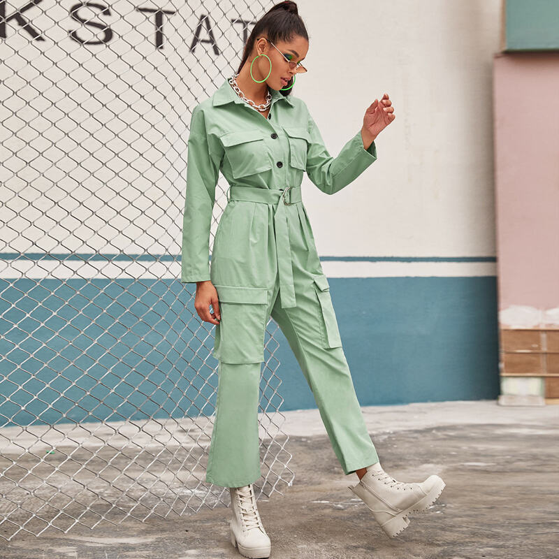 

Button Front Belted Shirt Jumpsuit, Green