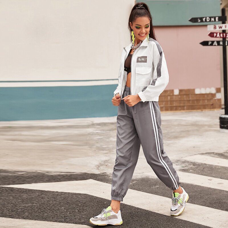 

Random Slogan Pocket Windbreaker Jacket & Pants Set, Multicolor