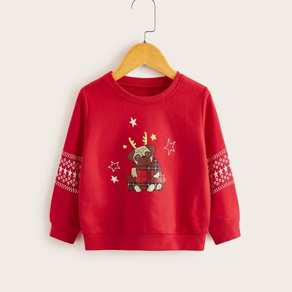

Toddler Girls Christmas New Year Print Rib-knit Trim Sweatshirt, Red