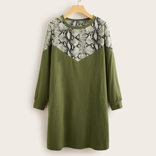 

Contrast Panel Snakeskin Print Tee Dress, Army green