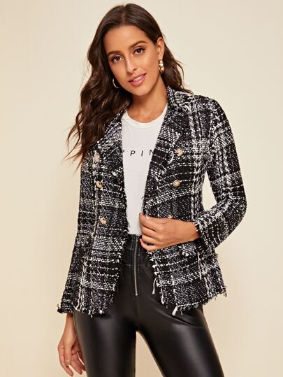 Plaid Print Frayed Edge Tweed Blazer