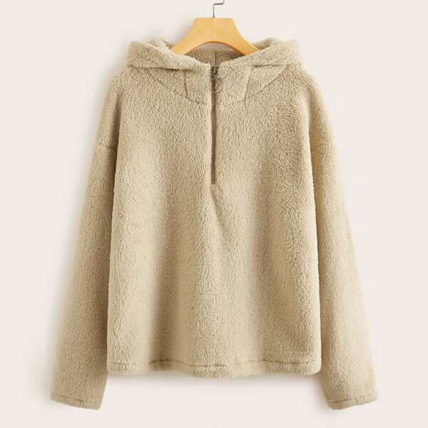 

Solid Half Zip Hooded Teddy Sweatshirt, Khaki