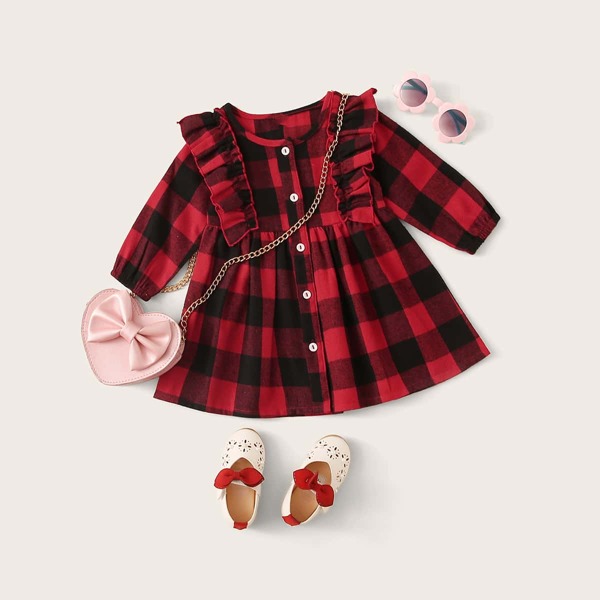 

Baby Girl Ruffle Trim Button Front Gingham Dress Without Bag, Multicolor
