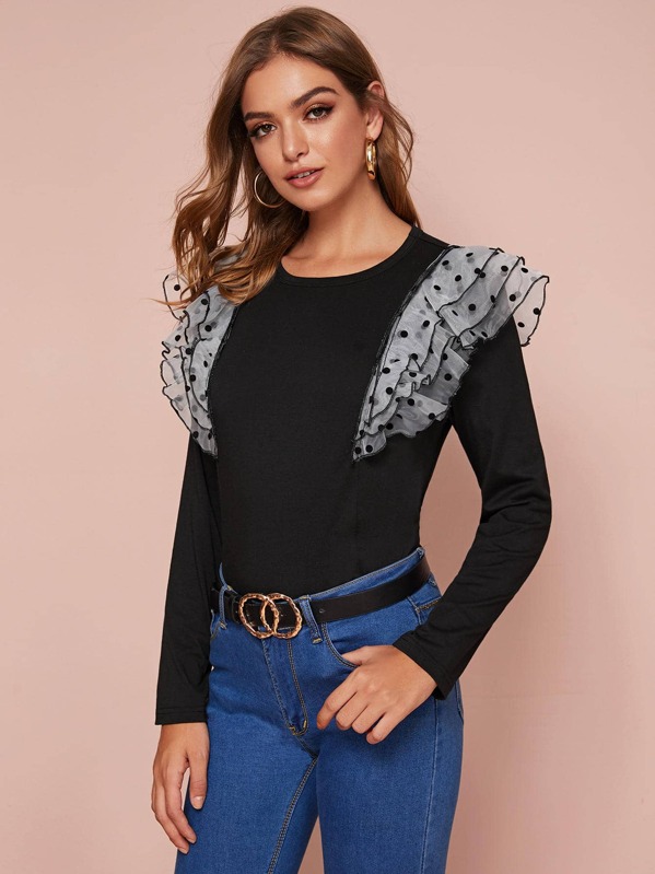 

Dobby Mesh Ruffle Trim Tee, Black, Luiza