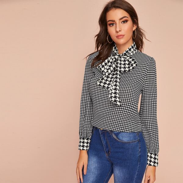 

Tie Neck Houndstooth Print Blouse, Black and white