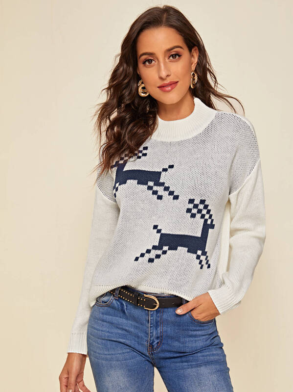 

Christmas New Year Deer Pattern Contrast Panel Sweater, Grey, Mary P.