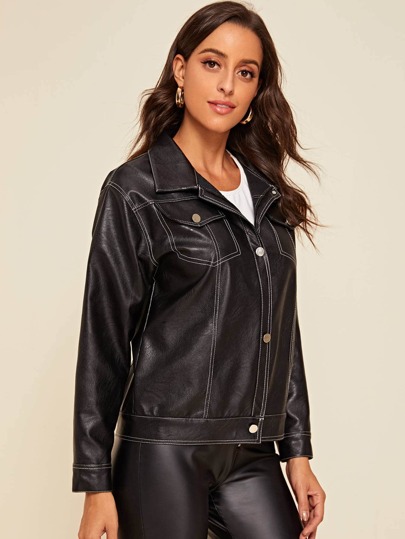 PU Leather Topstitching Button Up Jacket
