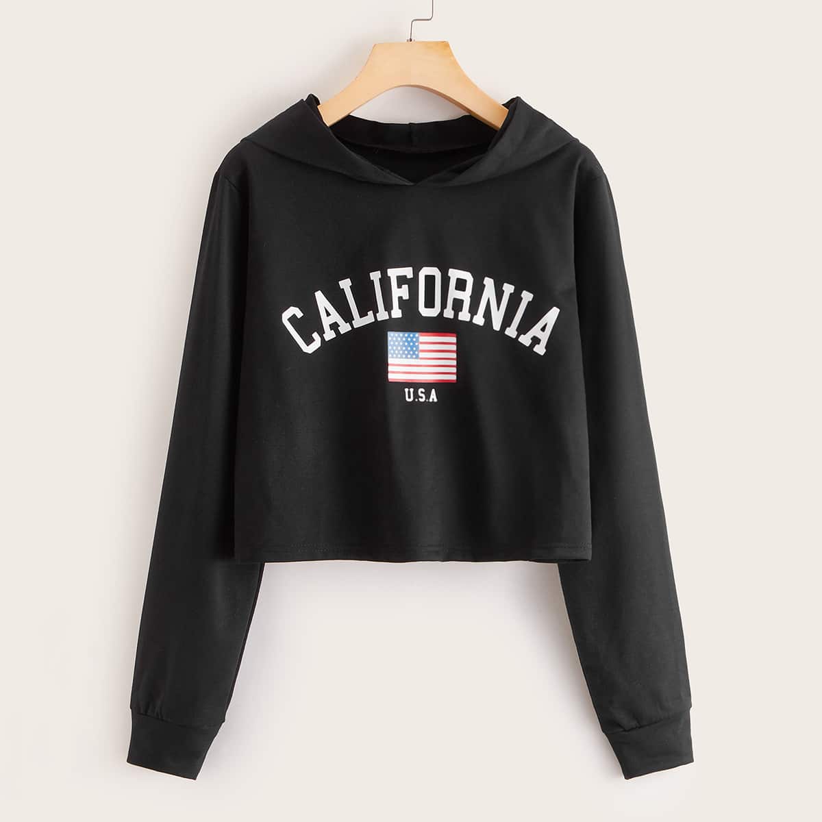 

Flag & Letter Graphic Crop Hoodie, Black