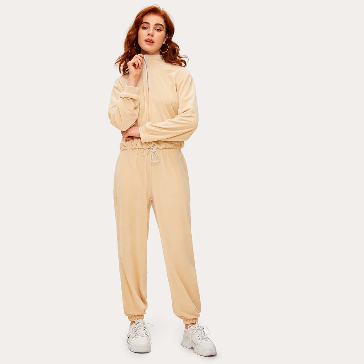 

Half Zip Drawstring Hem Sweatshirt & Sweatpants, Beige