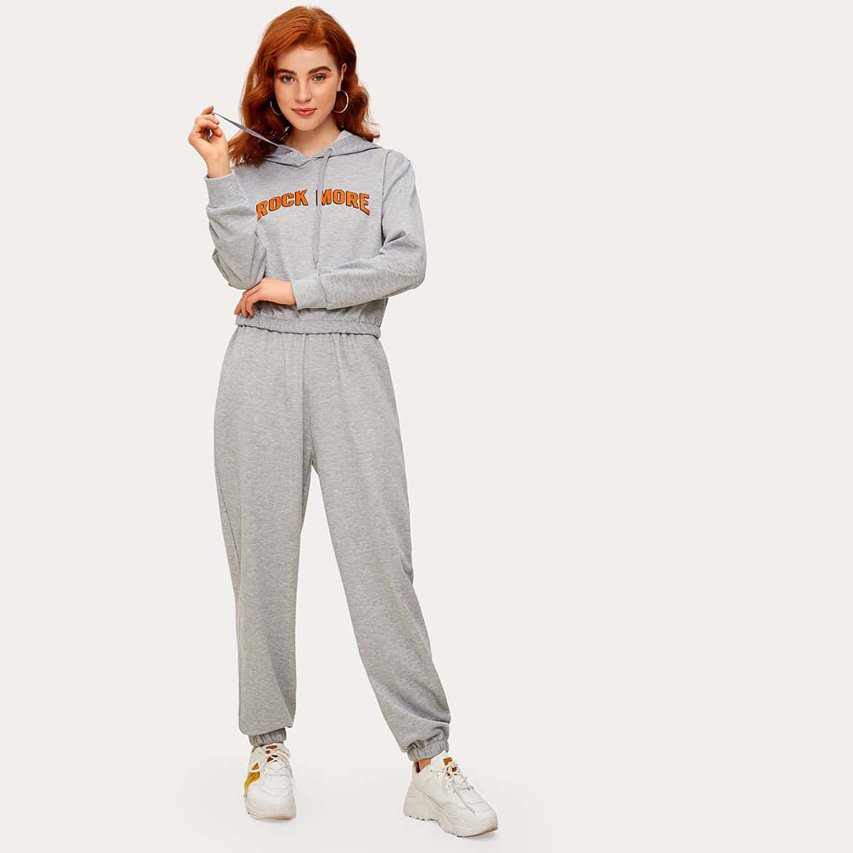 

Letter Graphic Drawstring Hoodie & Sweatpants, Grey