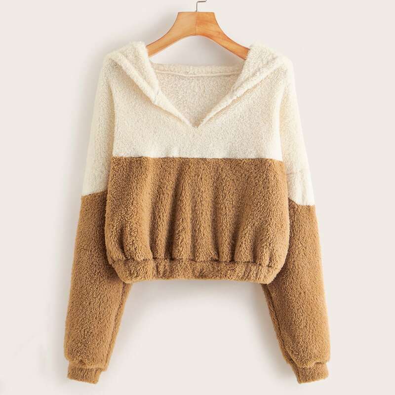 

Two Tone Crop Teddy Hoodie, Multicolor
