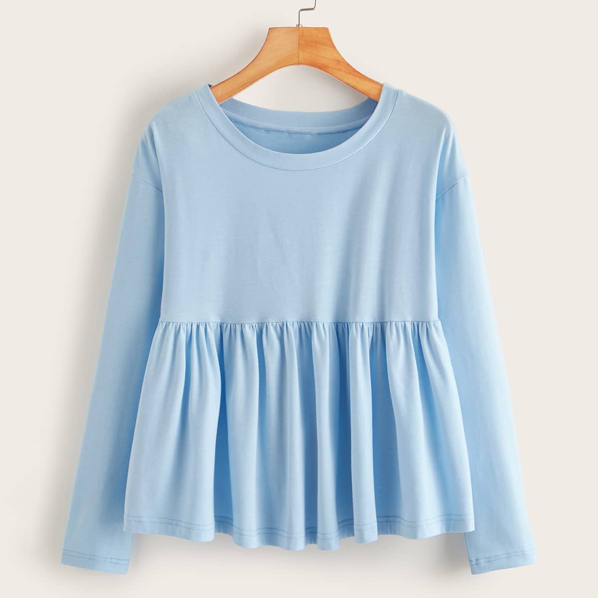 

Solid Ruffle Hem Long Sleeve Tee, Blue