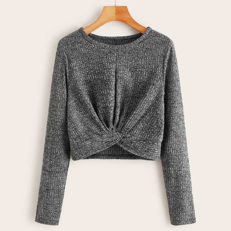 

Space Dye Twist Front Crop Ribbed Tee, Grey