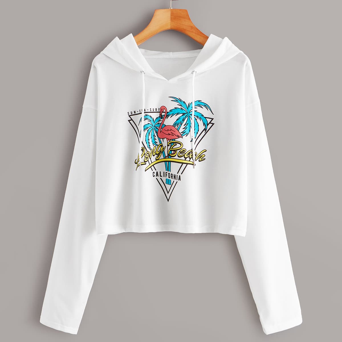 

Palm Tree & Letter Graphic Drawstring Crop Hoodie, White