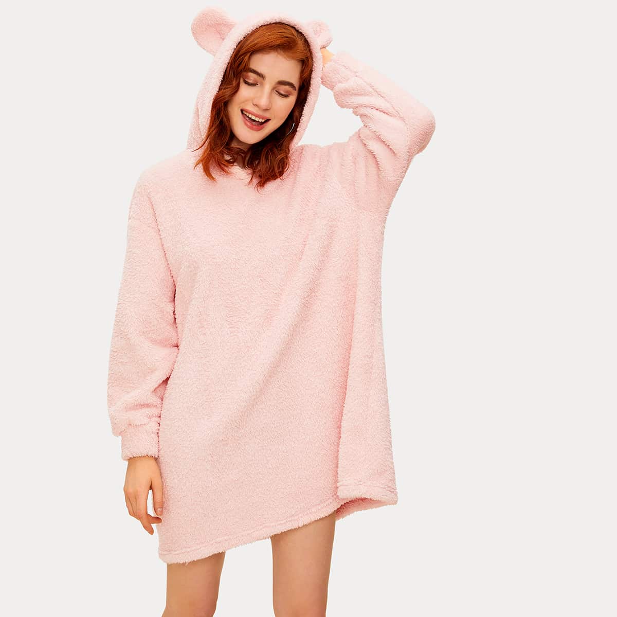 

Solid Contrast Ear Teddy Sweatshirt Dress, Pink