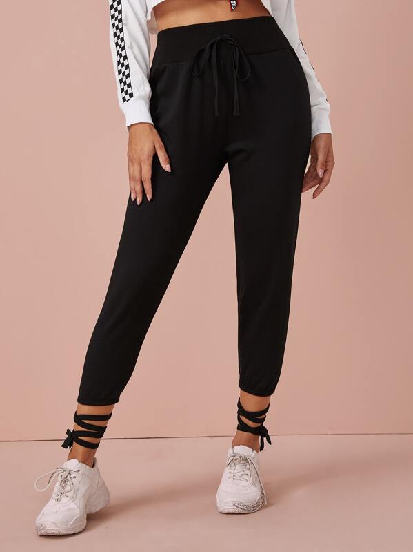 

Wide Waistband Lace Up Hem Pants, Black, Gabe
