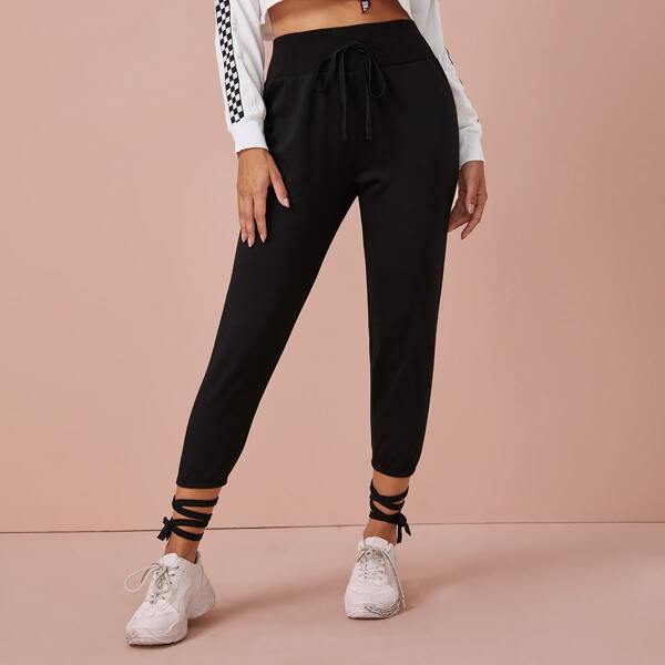 

Wide Waistband Lace Up Hem Pants, Black