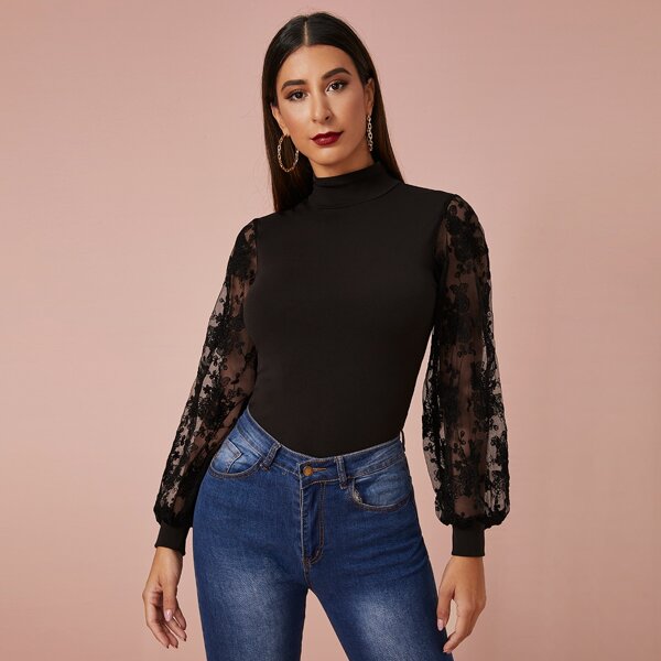 

Mock Neck Embroidery Mesh Lantern Sleeve Tee, Black